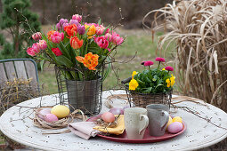 Easter bouquet of filled tulips and pot with horned violets, and Tausendschon Rose in wire baskets on a garden table