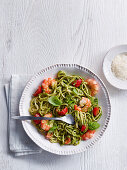 Broccoli Pesto Linguini with Prawns and Cherry Tomatoes