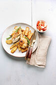 Greek chicken cordon bleu with oven chips and tomato salad