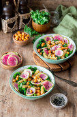 Watermelon radish pasta salad with kale and chickpeas