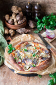 Jerusalem artichoke pizza bianca with bacon and onion