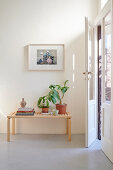 Books and indoor plants on a low light-wood table in front of the balcony door