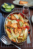 Salmon bake with chicory and pepper