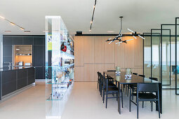 Glass shelf between kitchen and dining area in luxury penthouse