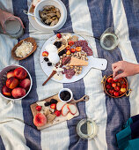Picknick mit Obst, Chorizo, Käse, Pistazien und Artischocken