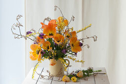 Spring bouquet with tulips 'Daydream', Brooms, wallflower, and Shadbush