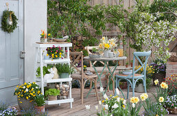 Small seating area on Easter terrace, a bouquet of daffodils as a table decoration