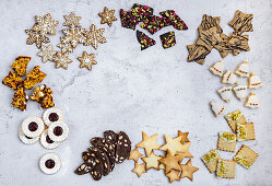Various Christmas biscuits arranged in a frame