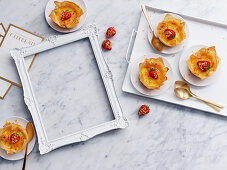 Gold Leaf Topped Strawberry Custard Tarts