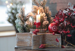Candles in baking molds on a wooden star, Christmas tree ball, Christmas tree and rose hips