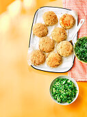Cod and tarragon fishcakes with minty pas