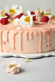 Bellini drip cake (sponge cake with bellini cream and raspberry compote)