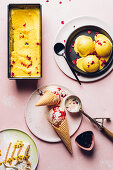 Saffron-rosewater ice cream, milk ice cream with cherries