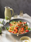 Oriental sweet potato salad with strawberries, chickpeas and almonds