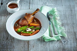 Coq au vin and vegetables