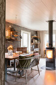 Vintage table with bench and fireplace in the dining room