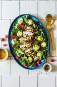 Crusted (Pepitas, Sunflower, Flax and Sesame Seeds) Chicken Breast Salad with Melon, Raspberries and Honey, Olive Oil and Grain Mustard Dressing