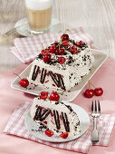 Cherry ice cream cake with mascarpone and chocolate wafer biscuits