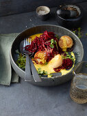 Scallops with beetroot zoodles and vanilla-orange butter
