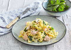 Pasta with creamy sauce and salmon