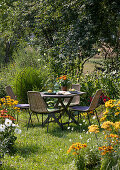 Gedeckter Tisch auf dem Rasen im Garten zwischen Staudenbeeten