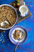 Oatmeal and plum bake with cream