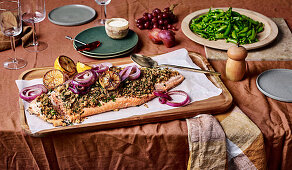 Couscous-crusted ocean trout with pea salad