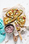 Radish frittata with chorizo, peas and ricotta cheese