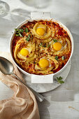 Vegetarian bucatini shakshuka