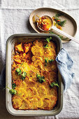 Haddock fish pie with potato bake crust