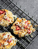 Braai waffles with mini marshmallows and strawberries