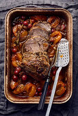 Summer roast pork with apricots, grapes and mustard seeds