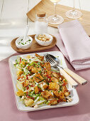 Chicken and bread salad with pear and bacon