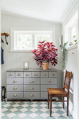 Newly painted apothecary cupboard in hallway with wooden panelling and tiled floor