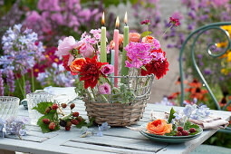 Korb mit Blüten von Dahlien, Rosen, Phlox und Witwenblume in Flaschen und Kerzen als Tischdeko, unreife Brombeeren, Rosenblüte und Hortensienblüten