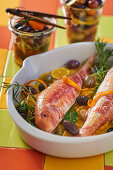 Red mulet cooked with citrus and olives