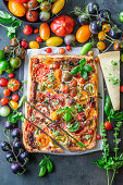 Tomato cheese tray bake with yeast dough, cheese filling