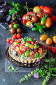 Tomato ricotta pie with herby ricotta filling (no bake) and marinated tomatoes