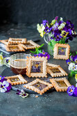 Cookies with dried violas and caramel windows