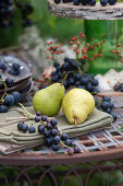 Tischdekoration mit Weintrauben und Birnen