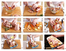 Preparing baked Easter chicken with vegetables and smoked meat pudding