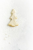 A Christmas tree biscuit with icing sugar