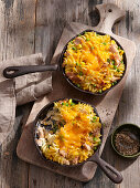 Pasta bake with tuna, cheddar cheese and peas