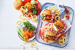 Vietnamese pork banh mi burgers with onion flavoured rings