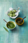 pistou, chimichurri, and butter made with ramps