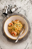 Homemade spaghetti with prawns