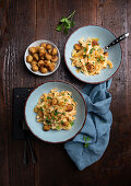 Noodle and pointed cabbage pan with vegan 'meatballs