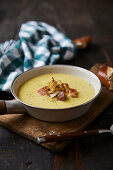 Potato soup with fried meatloaf