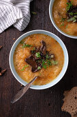 Vegan potato soup with wild mushrooms