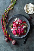Beetroot raviolli with marinated beetroot, cream cheese filling and feta